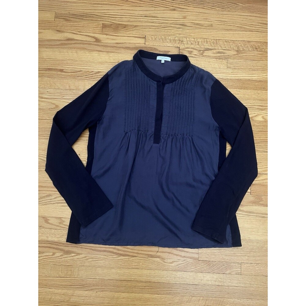Women's MYSTREE Navy Blue Silky Pleated Mandarin Long Sleeve Blouse Top - L